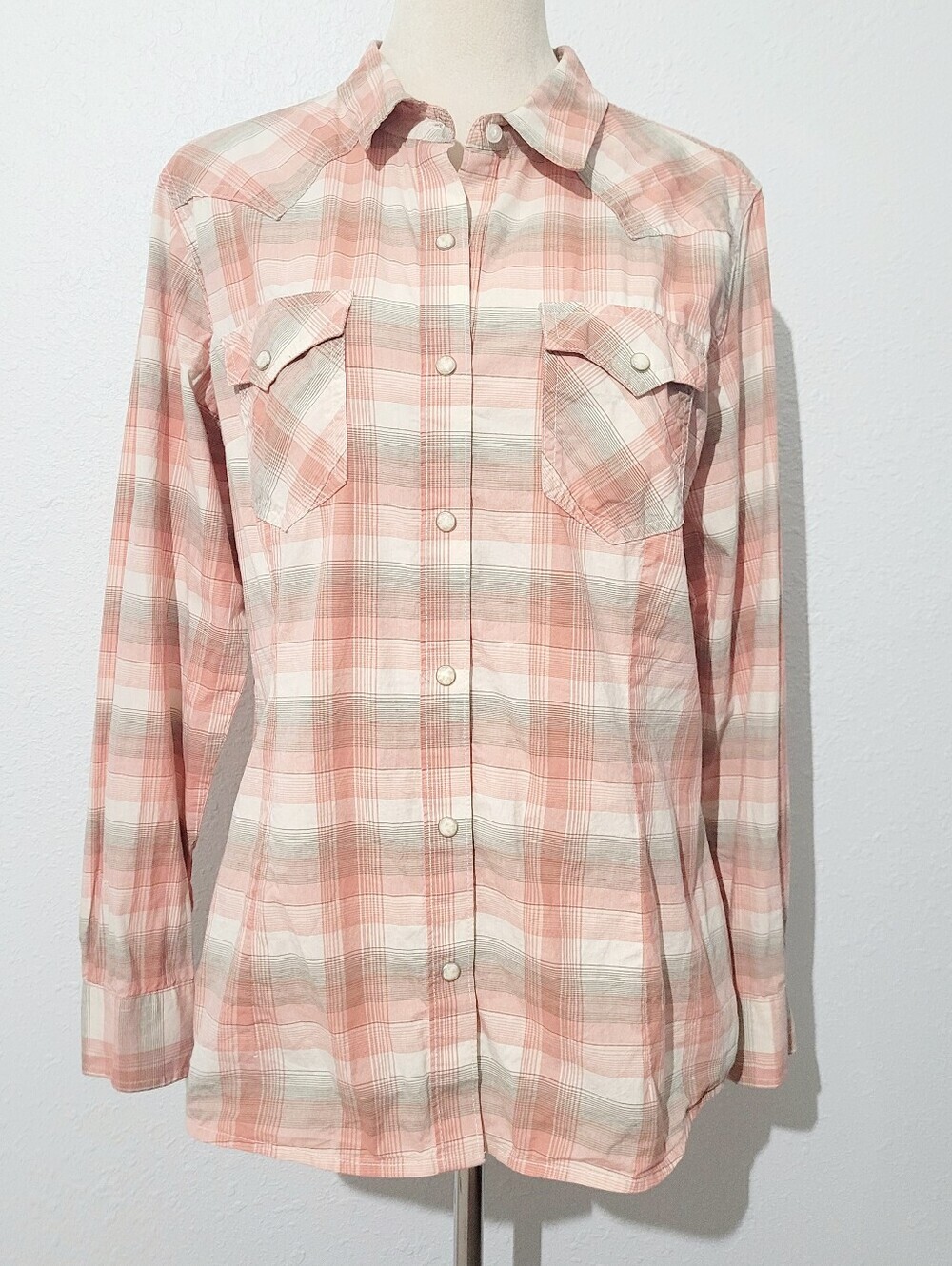 Wrangler Retro Western Plaid Snap Front Shirt Womens Size Large Pink 100% Cotton - Picture 2 of 14